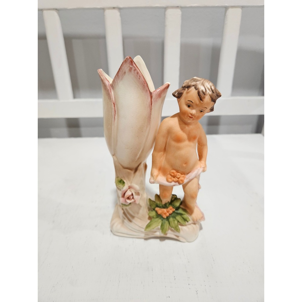 Vtg Mid Century Ucagco Bisque Porcelain Tulip & Cherub Bud Vase